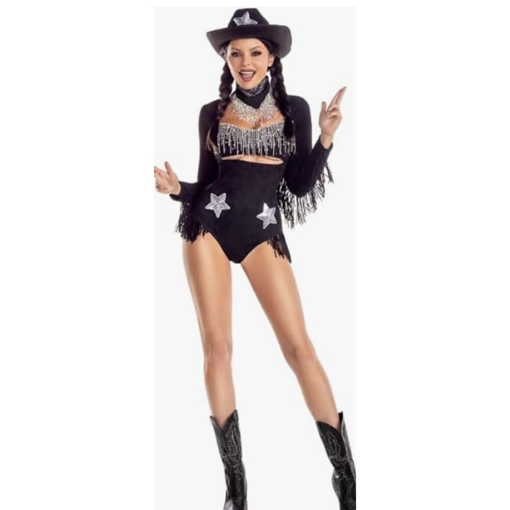 Black Rhinestone Fringe Western Cowgirl Bodysuit Cutout Size S